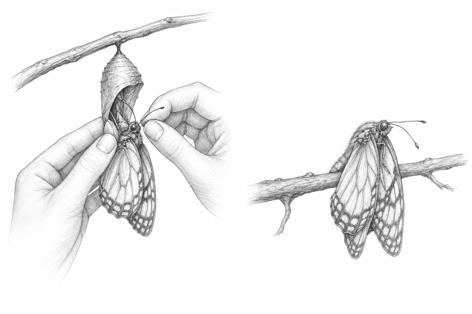 Pencil illustration of hands helping a butterfly escape a cocoon, followed by the butterfly sitting weakly on a branch, generated by OpenAI