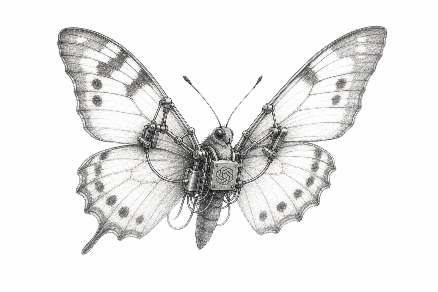Pencil illustration of a cyborg butterfly wearing a mechanical flight harness engraved with the OpenAI logo, generated by OpenAI