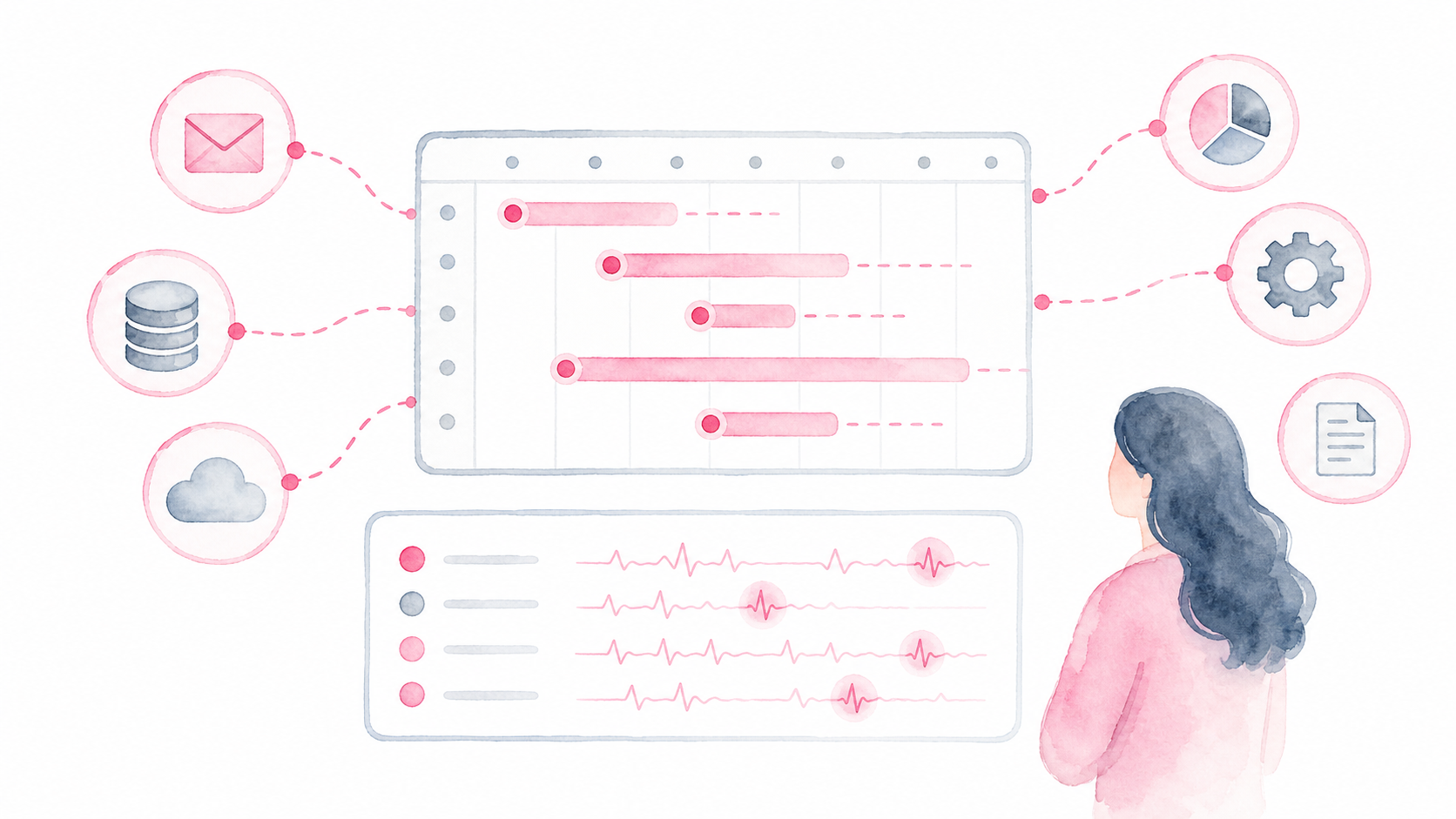 Watercolor skeleton illustration of Level 5 scheduled AI task monitoring